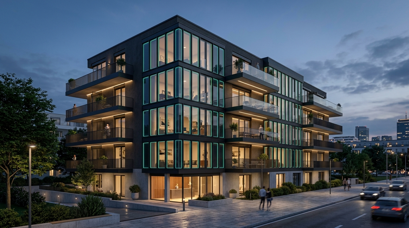 Mehrfamilienhaus Stadtvilla mit UV4PV Fenstern in der Abenddämmerung